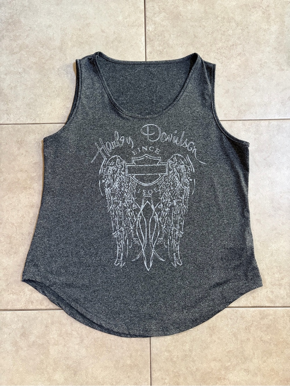 MISSLOOK Charcoal Gray Graphic Tank Top with Winged Design Harley Davidson XL
